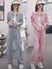 Autumn 2025 Women's Casual Set: Slim Lapel Top & High-Waisted Wide-Leg Pants