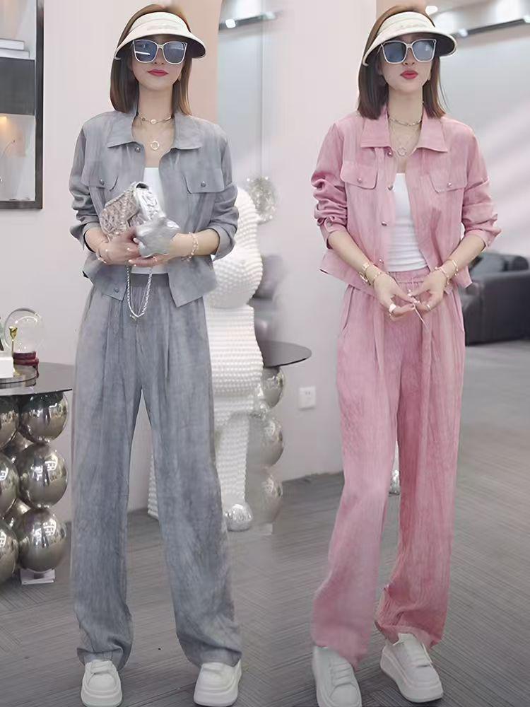 Autumn 2025 Women's Casual Set: Slim Lapel Top & High-Waisted Wide-Leg Pants