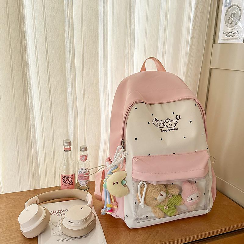 Süße Farbblock-Punkte-Cartoon-Kaninchen-Muster Schultasche Mit Anhänger Für Reisen Und Schule