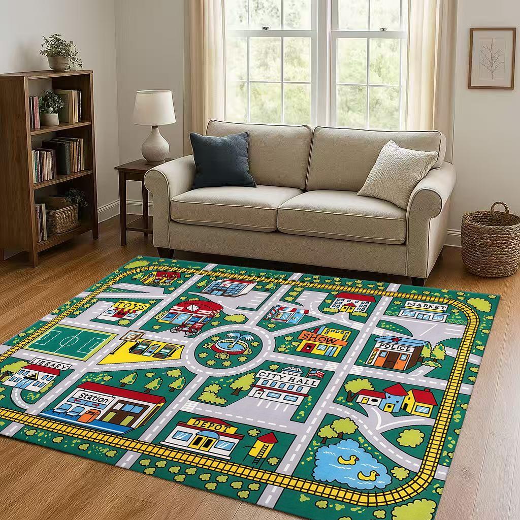 City Street Road Traffic Race Track Child Interaction Game Cartoon Living Room Kid Playroom Non-Slip Area Rug Carpet for Bedroom