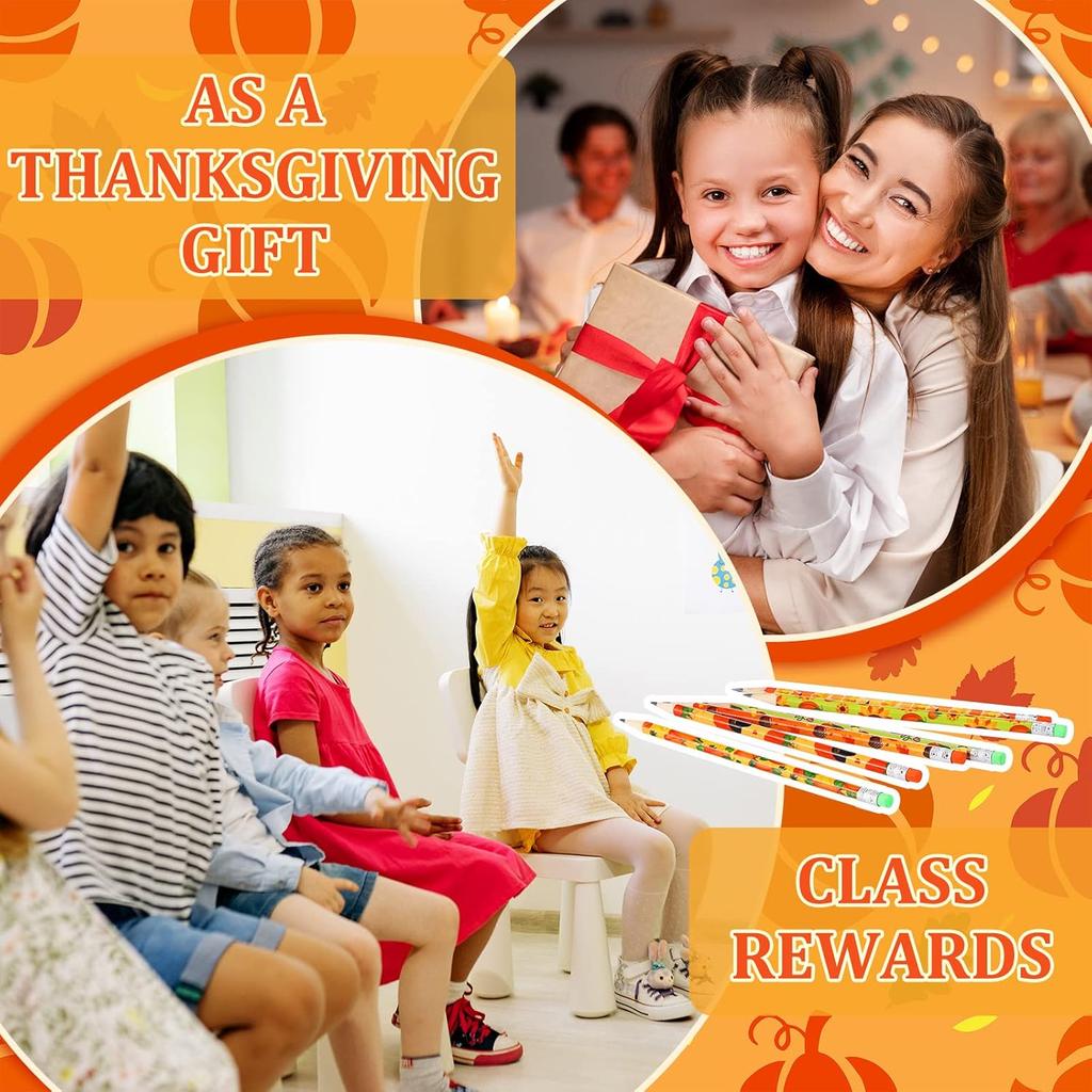 Crtiin 50 Pcs Fall Pencil Thanksgiving Assortment Wood Pencils Autumn Cylinder Funny Pencils Maple Leaf Turkey Pumpkin Decorative Pens for Kids