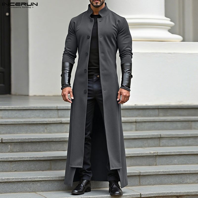 INCERUN Men Stand Neck Patchwork Long Sleeve Buttons High Splits Long Cardigan Coats