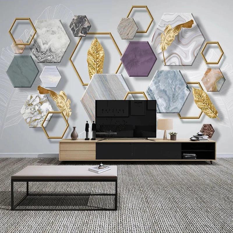 Modern Simple Wallpaper Marble Geometric Golden Leaves Photo Wall Murals Living Room Sofa Home Decor 3d Fresco