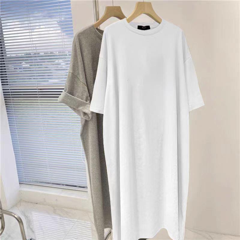 Large Size Women's Pure Cotton Short-sleeved T-shirt Dress, Summer Top, Fat Mm To Cover The Belly, Age Reduction and Thin Knee Dress