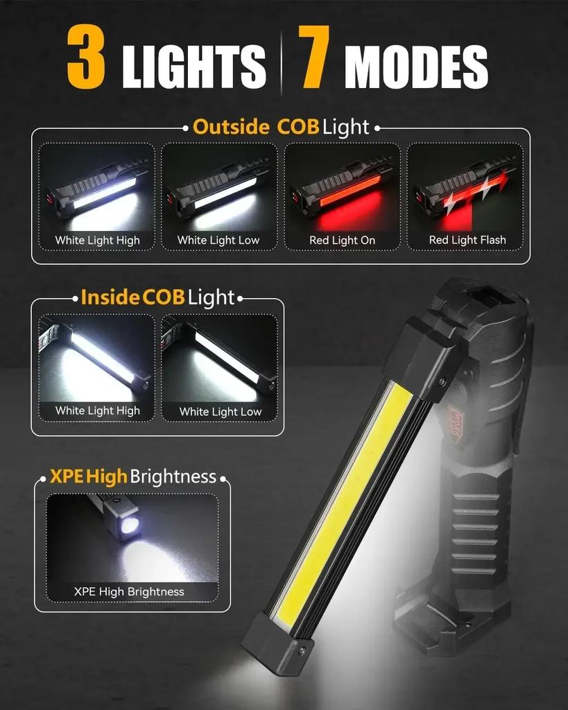 Powerful Fold Flashlight Type-c Rechargeable Lantern Built-in Battery Magnetic LED Work Lights for Camping Garage Emergency Lamp