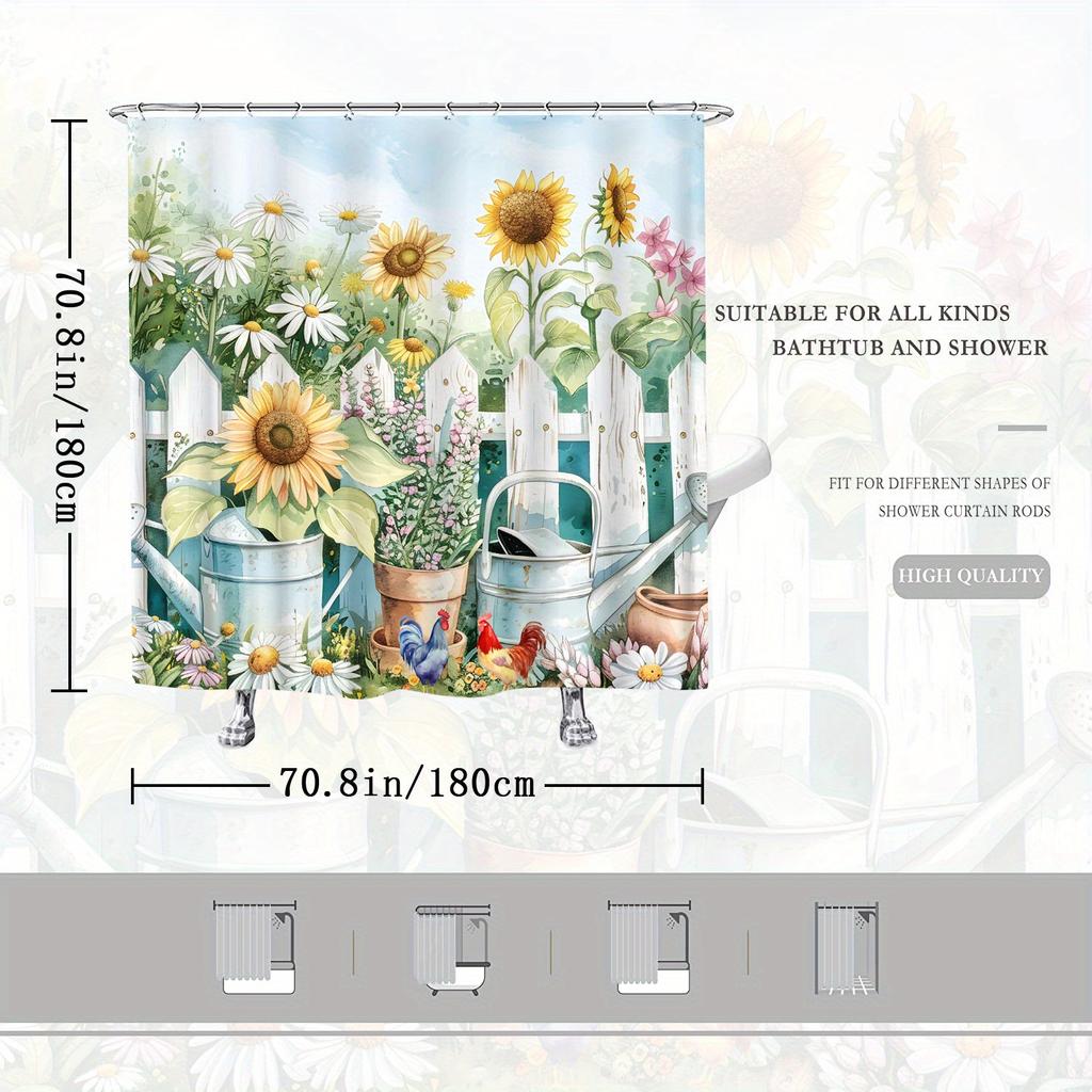 1pc Whimsical Garden Scene Shower Curtain - Blue Watering Cans, Bird, Rooster, Flowers, 70x70", Polyester, 12 Hooks, Washable