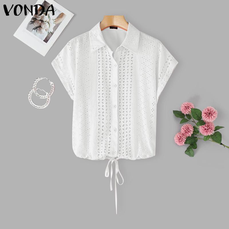 

VONDA Женская блузка с лацканами, короткими рукавами, вышивкой спереди, крючком, шнуровкой, повседневная 3XL белый