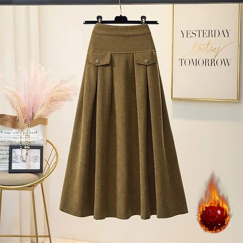 Fustă de damă cu căptușeală din lână, mărimi mari, toamnă/iarnă, talie elastică, croială A-line, fustă lungă din velur, talie înaltă, fustă flausată