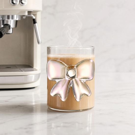 Bow Glass Cup, Breakfast Milk Coffee Mug, 300ml Whiskey Tumbler for Juice, Heat Resistant Tea Cup, Home Bar Decor Gift for Women
