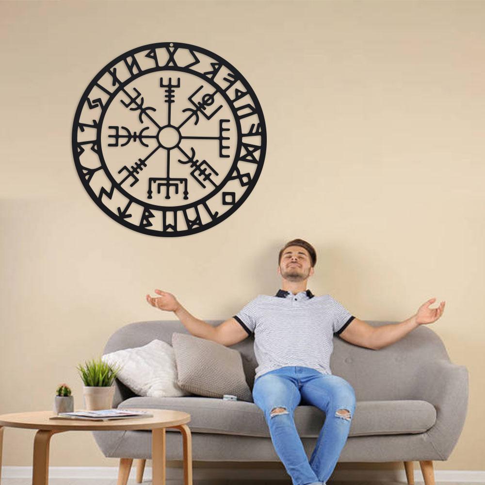Metall Wikinger Wanddeko, Nordische Metall Wikinger Wandkunst für Schlafzimmer Wohnzimmer Zuhause, Schwarzes verwittertes Metall Kompass Kunstwerk