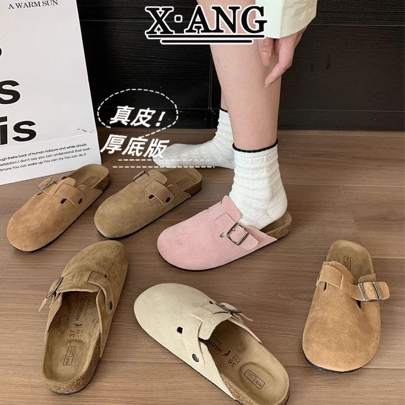 Full Cowhide Cork Bottom Bag Head and Half Slippers Women's Outer Wear Spring and Summer New One-pedal Lazy Shoes
