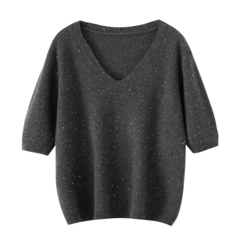 Women's Starry Sky Sequin V-Neck Pullover Sweater, Half-Sleeve Versatile Knit Top