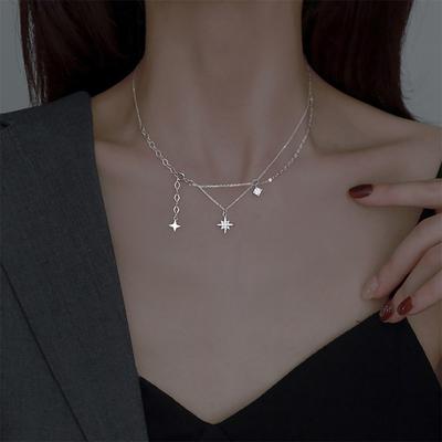 Çok katmanlı flaş elmas altı köşeli yıldız kolye, soğuk stil yıldız püskül klavikula zincirinde yeni moda mizaç niş tasarımı