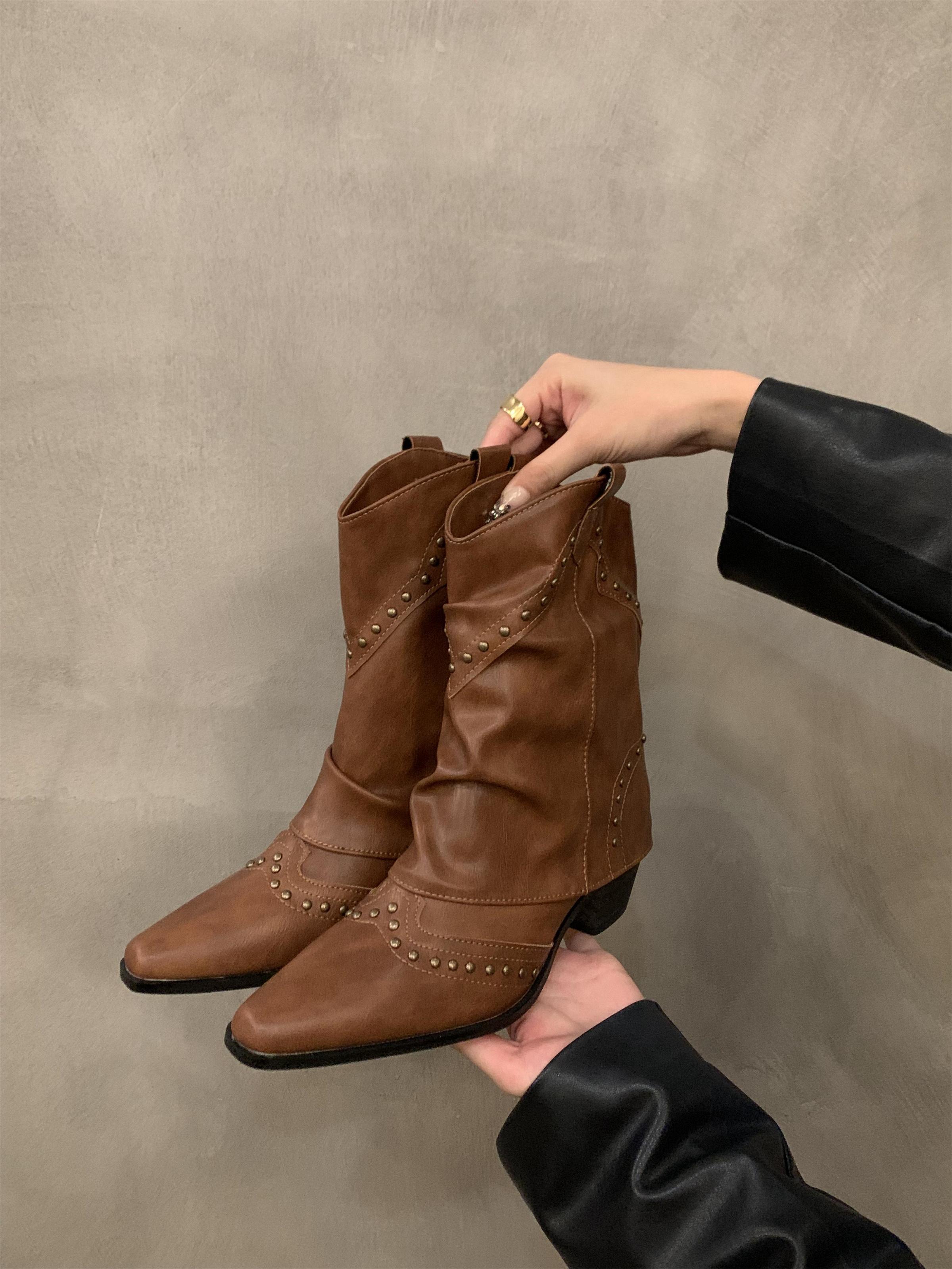 

Coarse heel pointed western cowboy boots women s boots 2025 new thin short boots spring and autumn single boots brown Martin boots 39