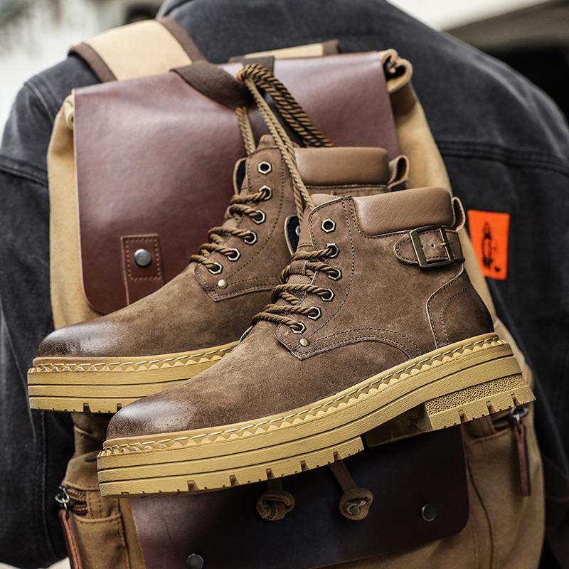 Martin Boots Men's Autumn British Retro Leather Heightening Locomotive Leather Boots Sports Big Head High Top Boots Velvet