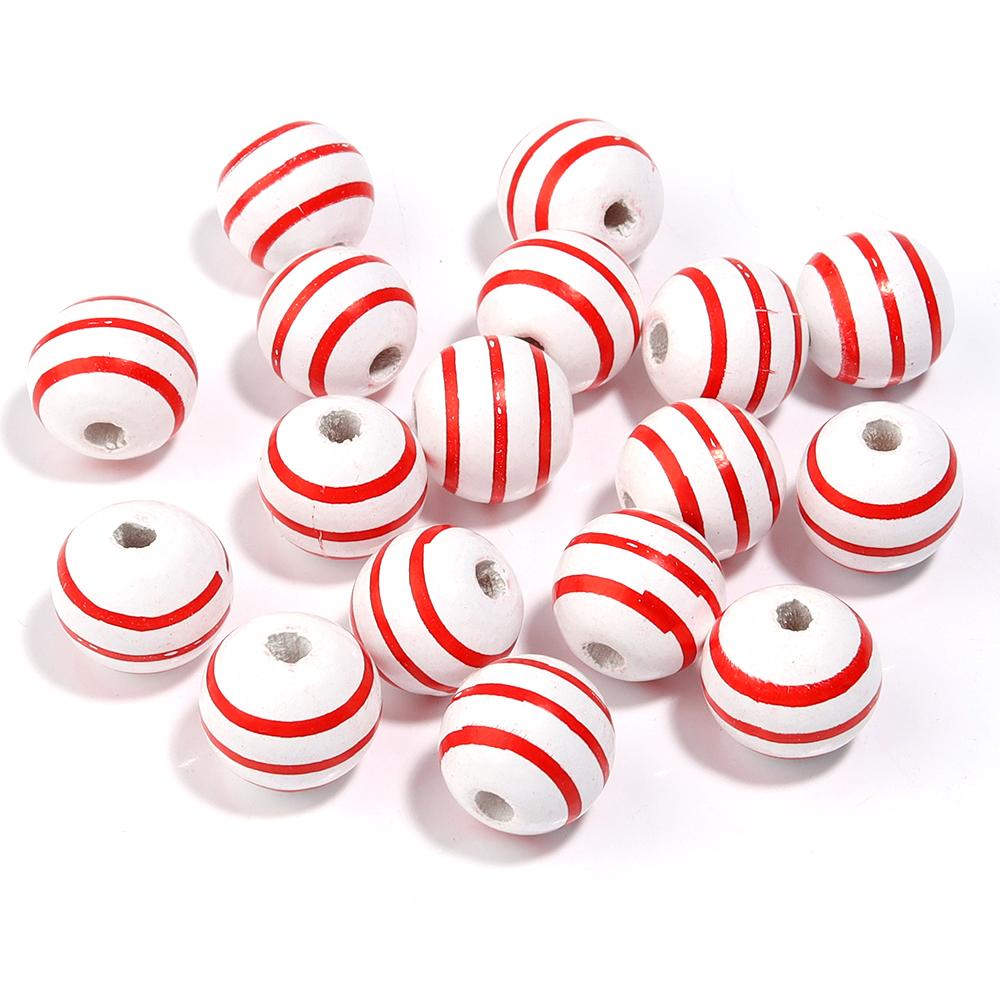 20Pcs 16mm Natural Wood Beads Colorful Stripe Heart Printing Large Hole Round Beads DIY Craft Bracelet Kid's Toy Accessories