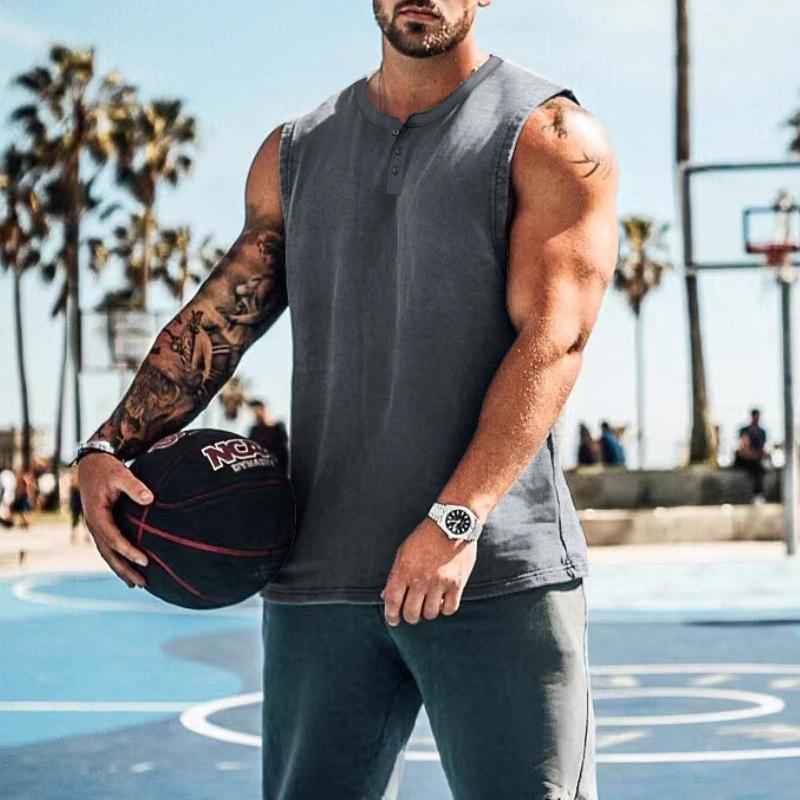 Summer Men's Sleeveless Broad Shoulder Basketball Vest Round Neck Slim Solid Color Versatile T-Shirt