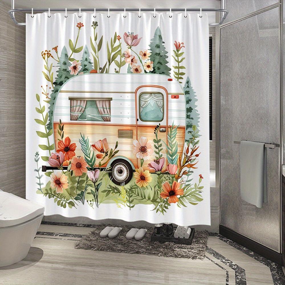 

Vintage Camper & Vibrant Floral Shower Curtain Pastel Hues, Lush Greenery, Whimsical Floral Design W60H190(CM)-1 Pcs