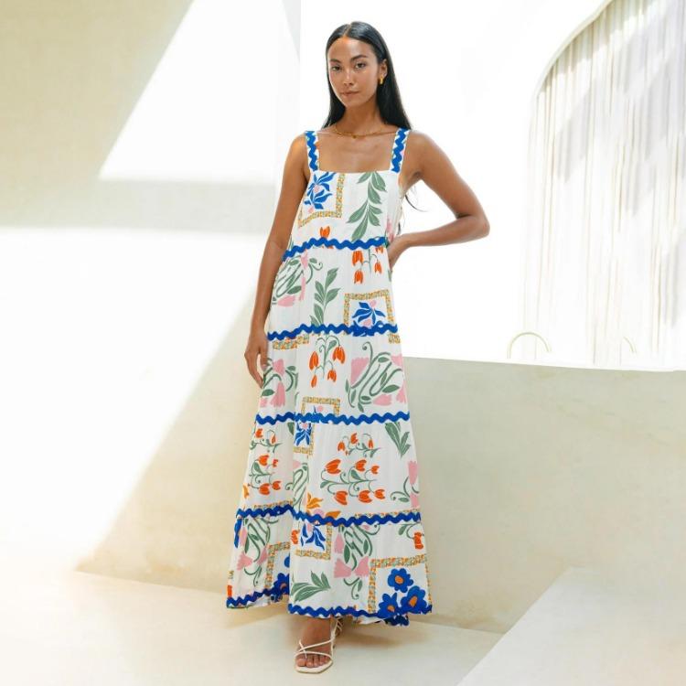 Sommer Dame Ermeløs Svingkjole Casual A-linje Stroppeløs Lang Camisole Seleskjørt Bølge Høy midje Kjoler Vår S-XL