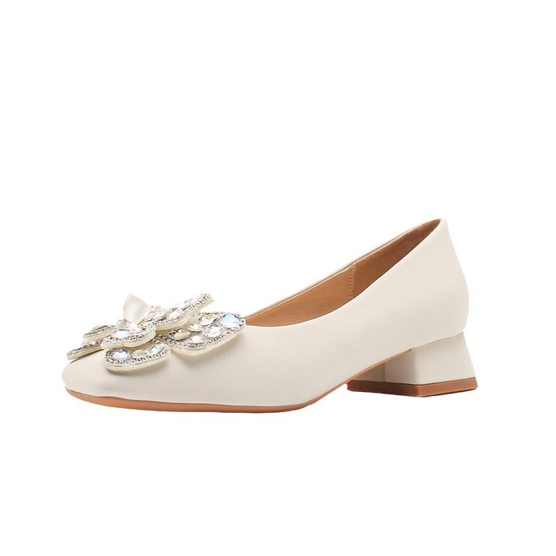 Salto Alto Feminino de Bico Quadrado com Laço de Strass - Estilo Fada, Salto Grosso, Confortável, Sapatos que Combinam com Tudo