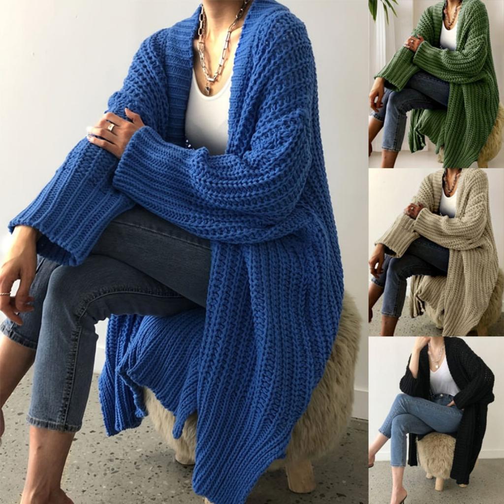 Women's Solid Color Long Open Knit Cardigan, Fashion Vacation Sweater Coat for Autumn Winter
