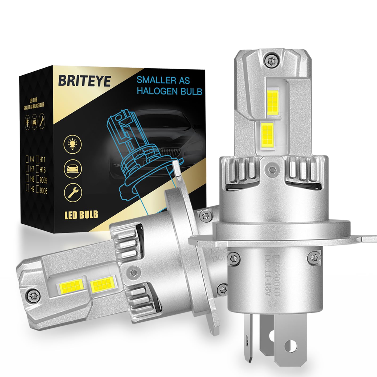 

Светодиодная фара Bakukou New Briteye H4, совместимая с осмотром транспортного средства, белая светодиодная лампа Bakukou H4, оснащенная светодиодным чипом с высоким световым эффектом, светодиодная лампа для автомобиля белый