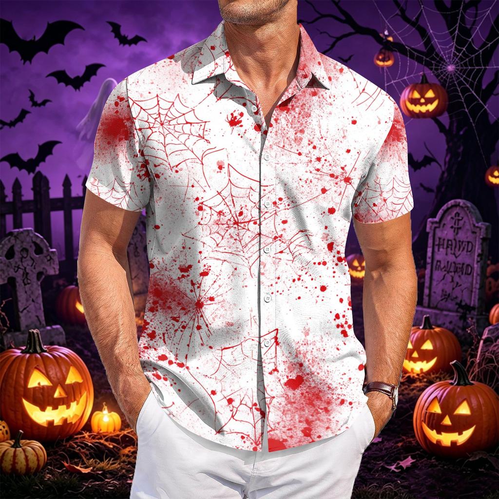 Men's Casual Short Sleeve Button Down Shirt Halloween Pumpkin Print Lightweight Breathable Fabric Summer Shirt