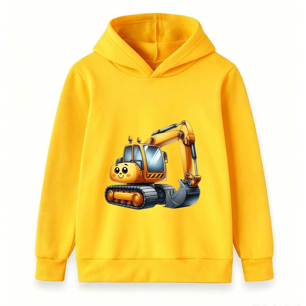 Kids Hooded Sweatshirt Cute Cartoon Excavator Print Casual Long Sleeve Pullover Hoodie for Boys Girls Daily Wear