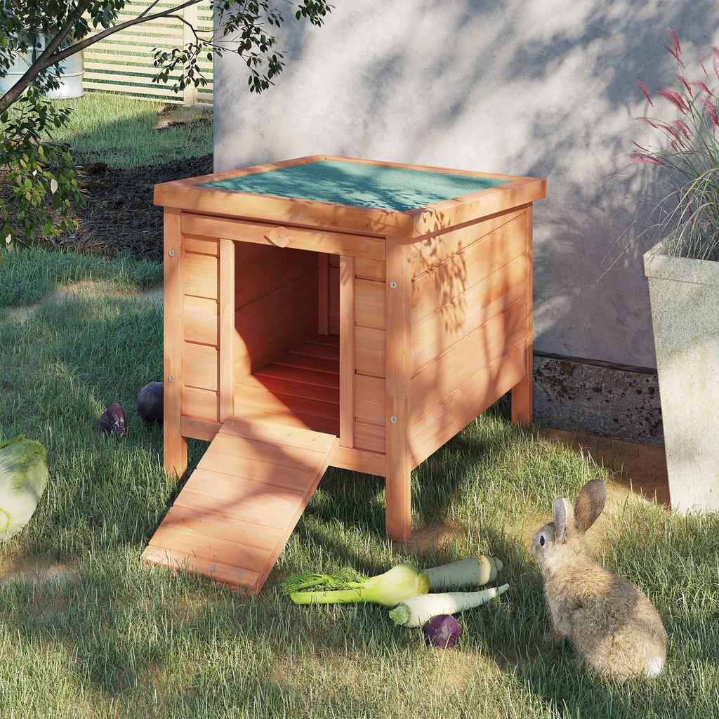 Outdoor Wooden Rabbit Cage with Asphalt Roof and Non-Slip Ramp, 42x51x43cm, Red Orange