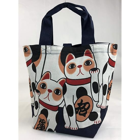 [§y YAGISEI] YAGISEI Tote Bag "White Beckoning Cat Navy" Lucky Beckoning Cat Handbag Lunch Tote Tenu