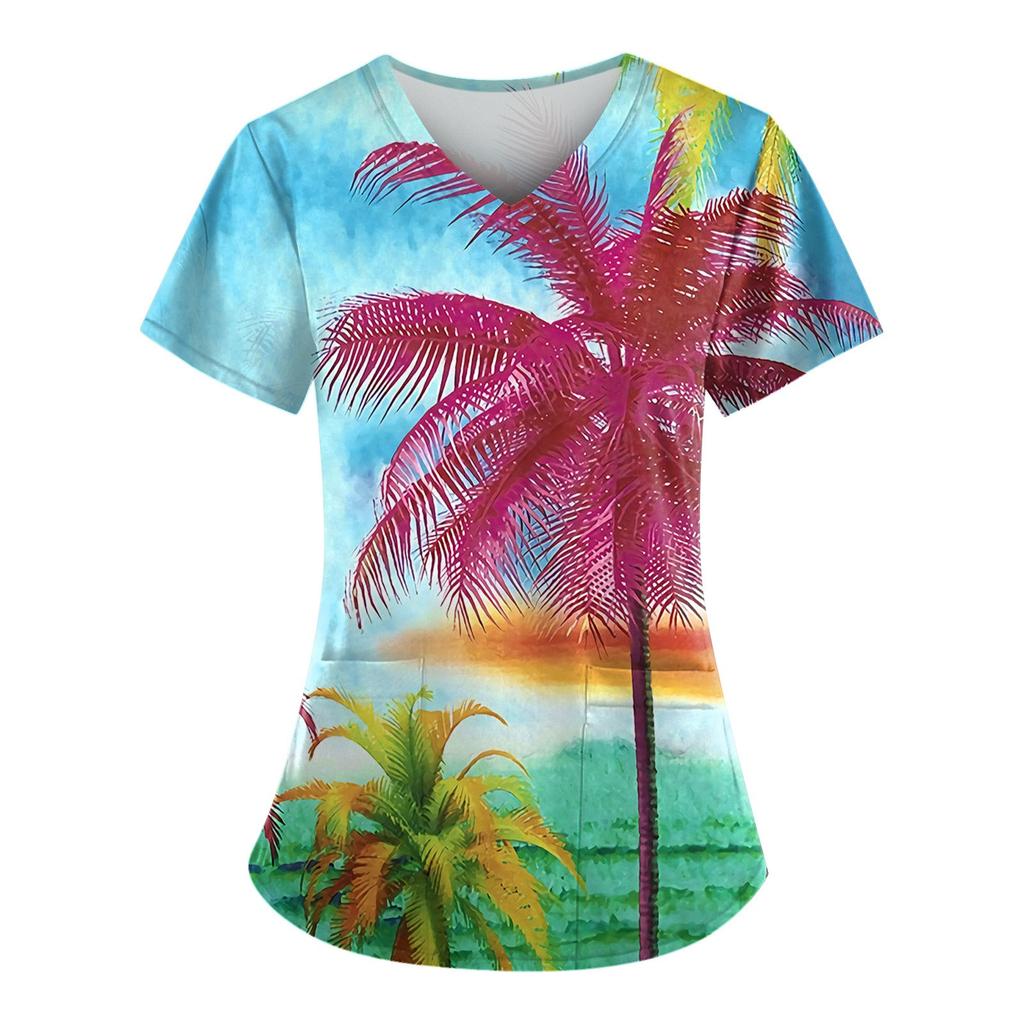 Hawaiian Top For Women Fashion Printed Short Sleeve V Neck Pattern Tops Pocket Working T-shirts