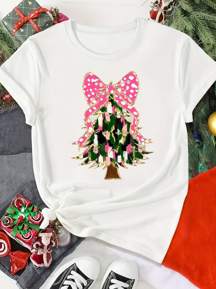 (Asian Size) Print merry Christmas o-neck Women's Top new year T Clothing tree sweet 90s  Short Sleeve T-shirts Fashion holiday Graphic Tee