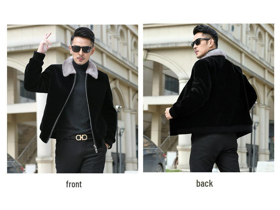 2024 Autumn/Winter Men's Thick Faux Mink Fur Coat with Full White Collar
