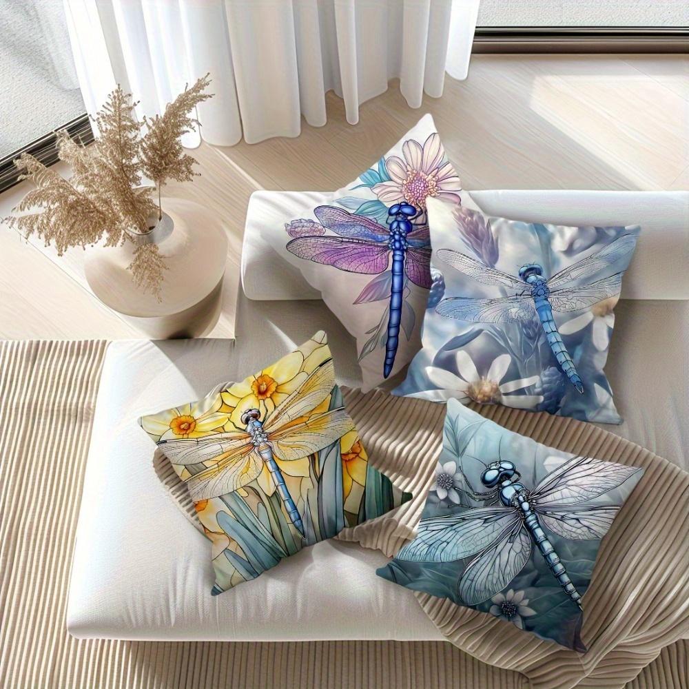 Elegant Nature Art Throw Pillow Covers, Blue Dragonfly Double-Sided Printed Cushion Cases, Delicate Tranquil Aesthetic Decor