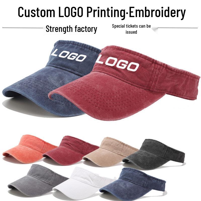 Unisex Wash Denim Embroidered Logo Visor Hat - Breathable Sun Protection for Sports