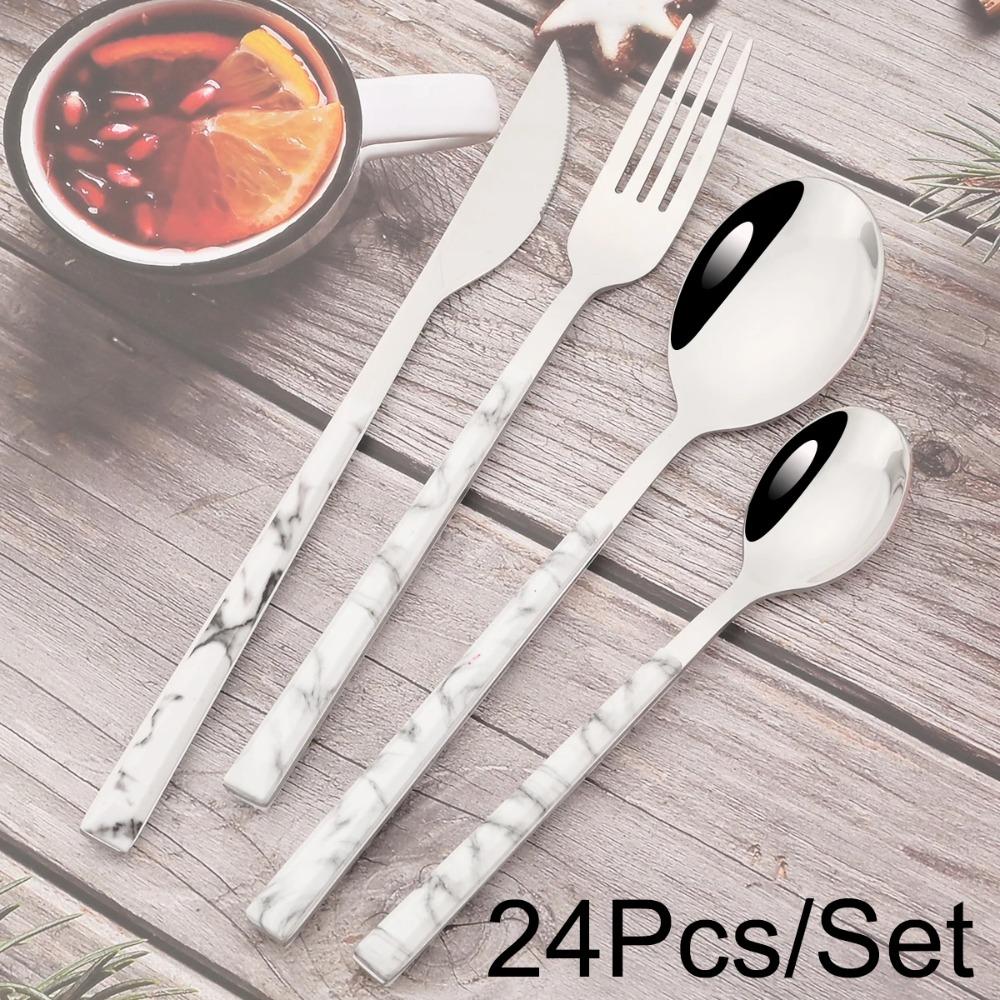 24/30Pcs Knife Forks Dessert Spoon Cutlery Set White Wood Handle Dinnerware Set Steak Stainless Steel Tableware Kitchen Flatware