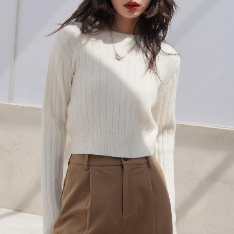 Podzimní jednobarevný kulatý výstřih krátký svetr dámský módní ležérní slim fit pulovry dámské zimní pletené svetry dámské elegantní jednoduché pletené zboží svetr 25568