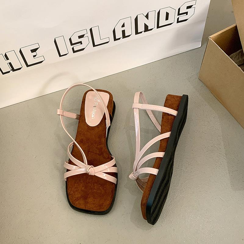 French Pink Wedge Heel Sandals Women's 2025 Summer New Retro Cross Thin Strap Thin Square Head Leaking Toe Women's Sandals