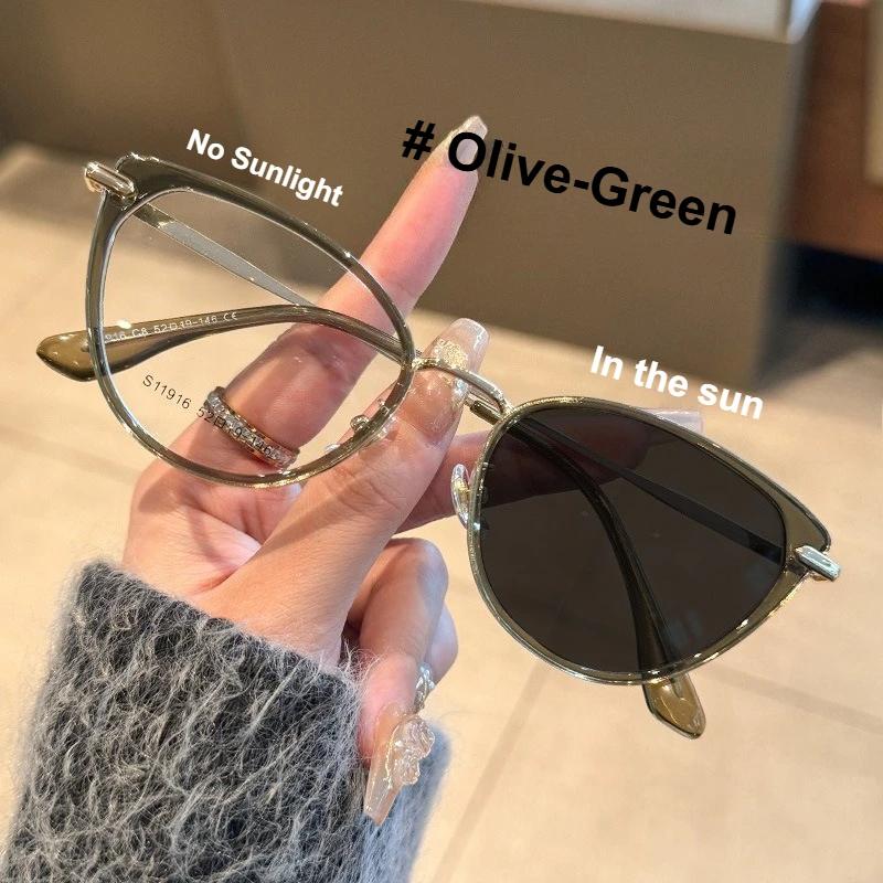 

Photochromic Fashion Cat s Eye Myopia Glasses for Women Outdoor UV Protection Color Change Protective Glasses 0 To -400 -300 зелёный