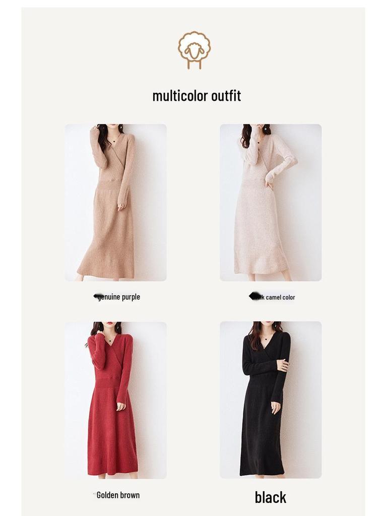 Women's Slim Fit V-Neck Wool Knit Dress - Waist-Hugging, Extra Long, Over-the-Knee, for Autumn/Winter Temperament