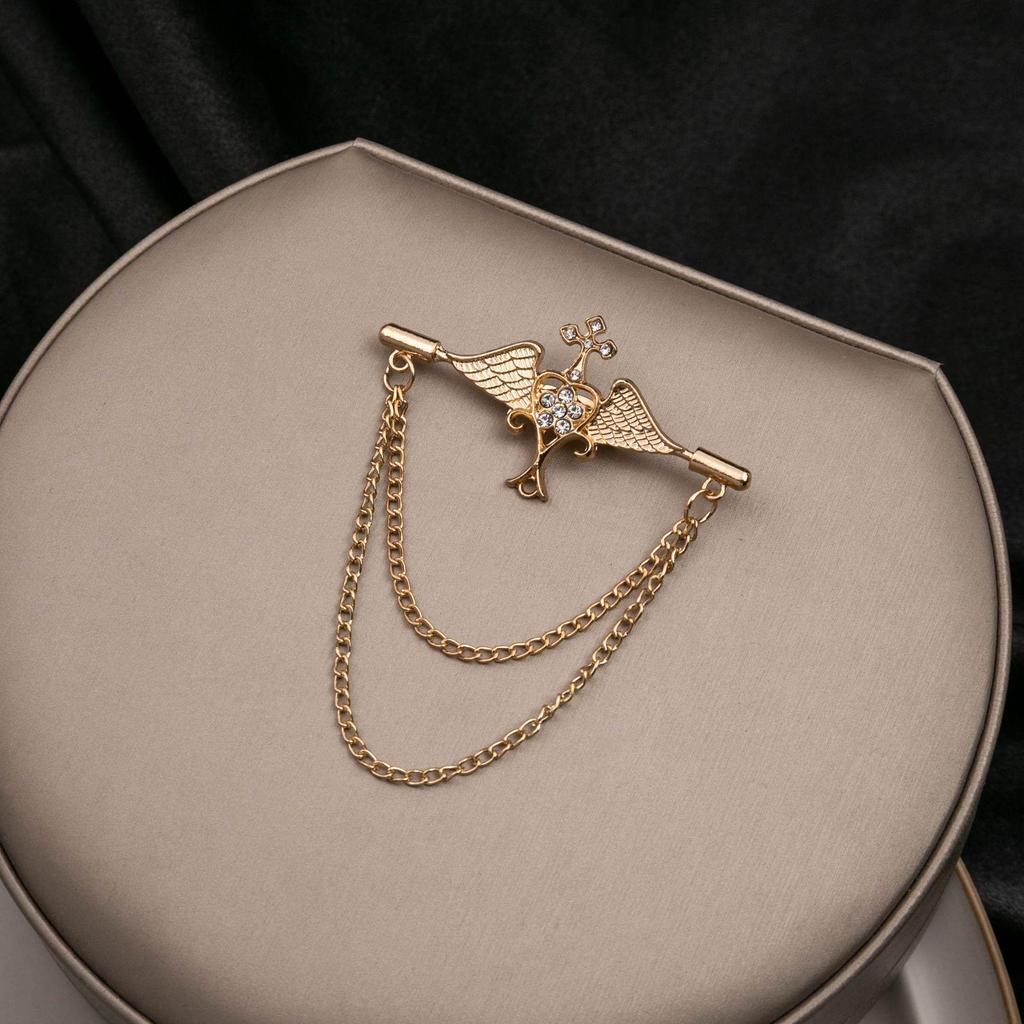 European & American Fashion Double Layer Chain Brooch - British Court Style Cross & Note Design for Men