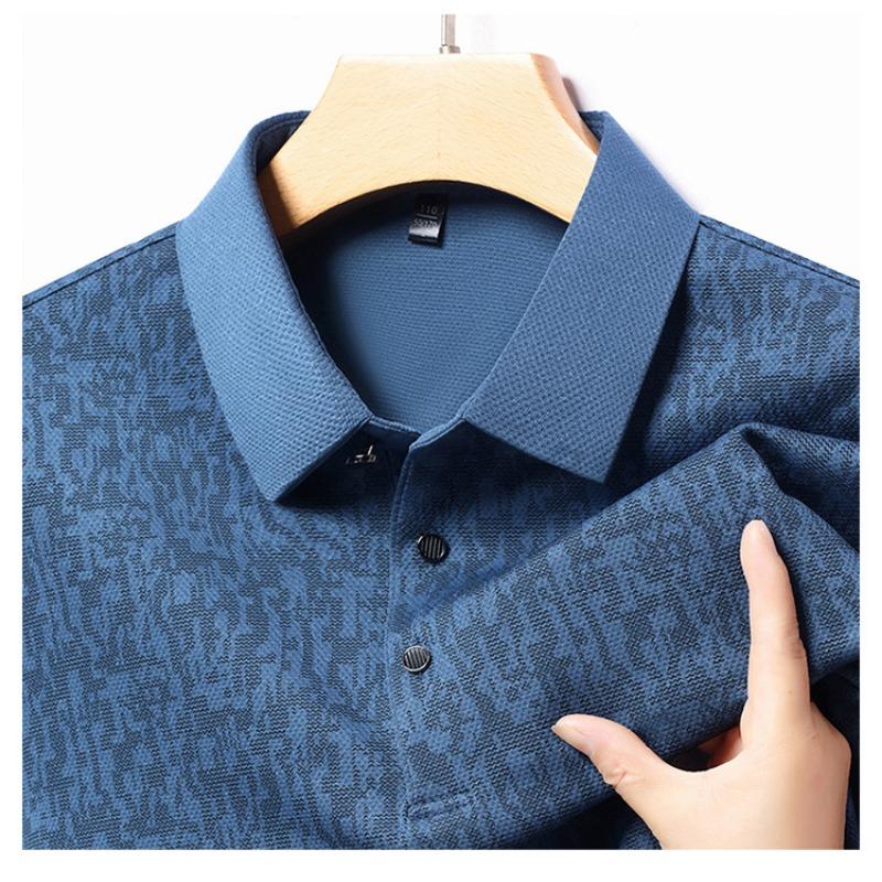 Mens Long Sleeve Jacquard Polo Shirt Business Casual Spring Autumn Top