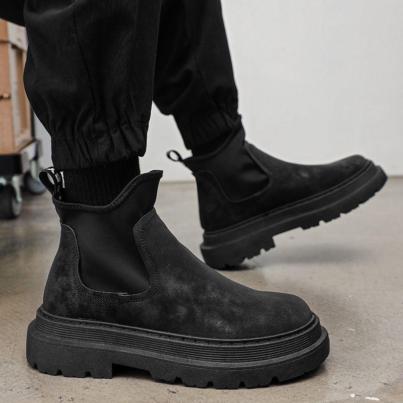 Men's Black Chelsea Ankle Boots: 2025 British Style, Thick Sole, Height-Enhancing Workwear.