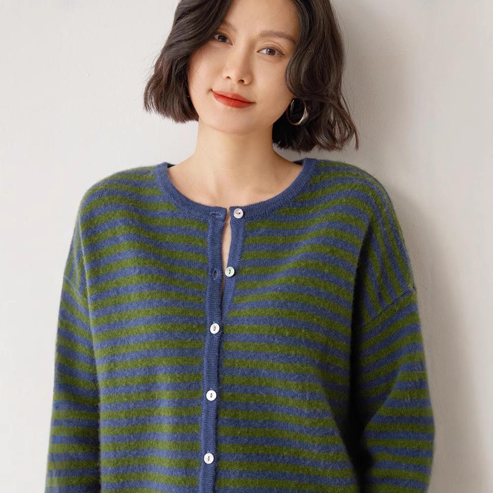 Korean Style Striped Cashmere Women's Knit Cardigan - Warm, Soft, and Skin-Friendly Outerwear Sweater.