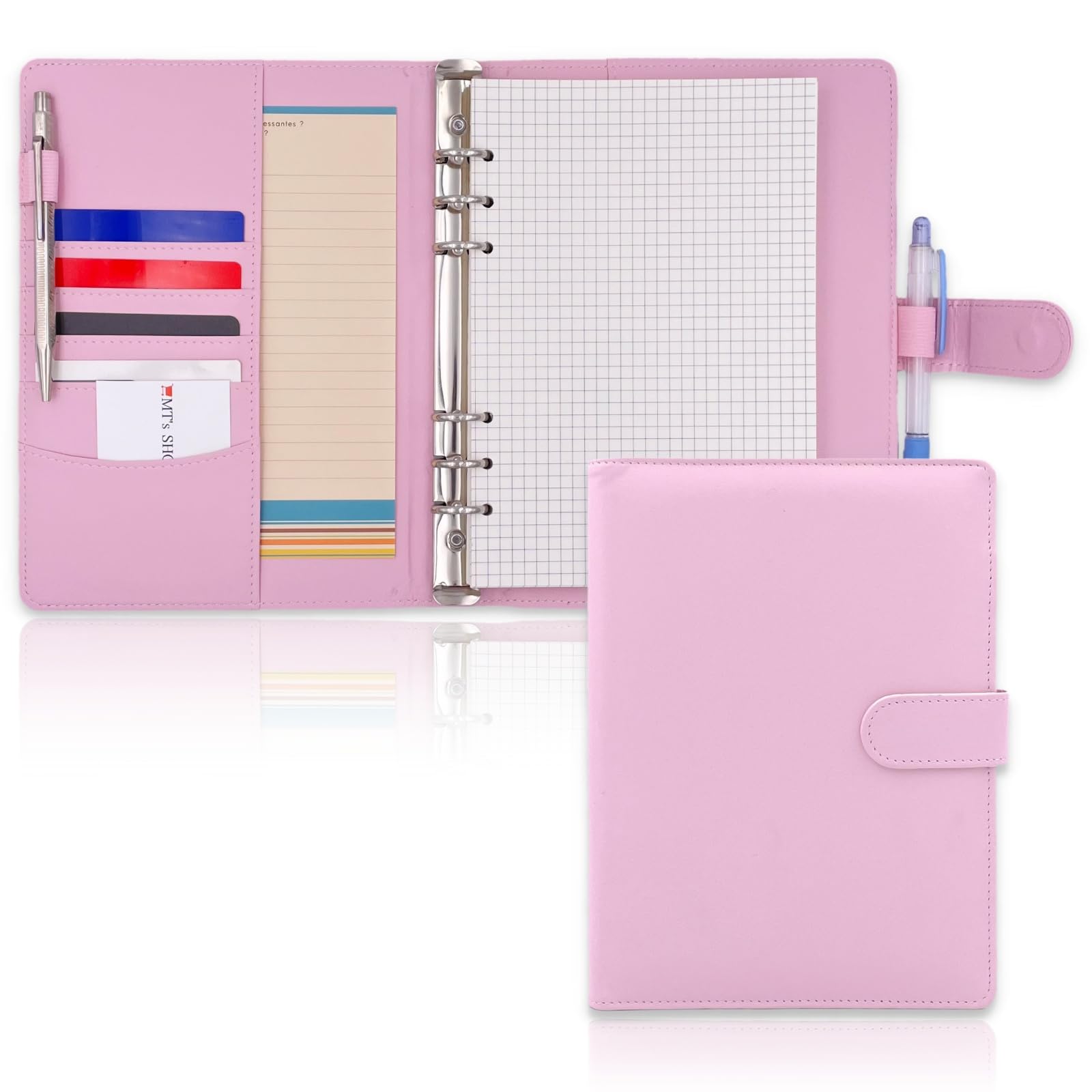 

MT s SHOP A5 Desk-Sized System Organizer, Cute PU Leather, 6-Ring Design, Includes 4 Refills, Pockets, and Pen Holder, Model OF390 (Pink)