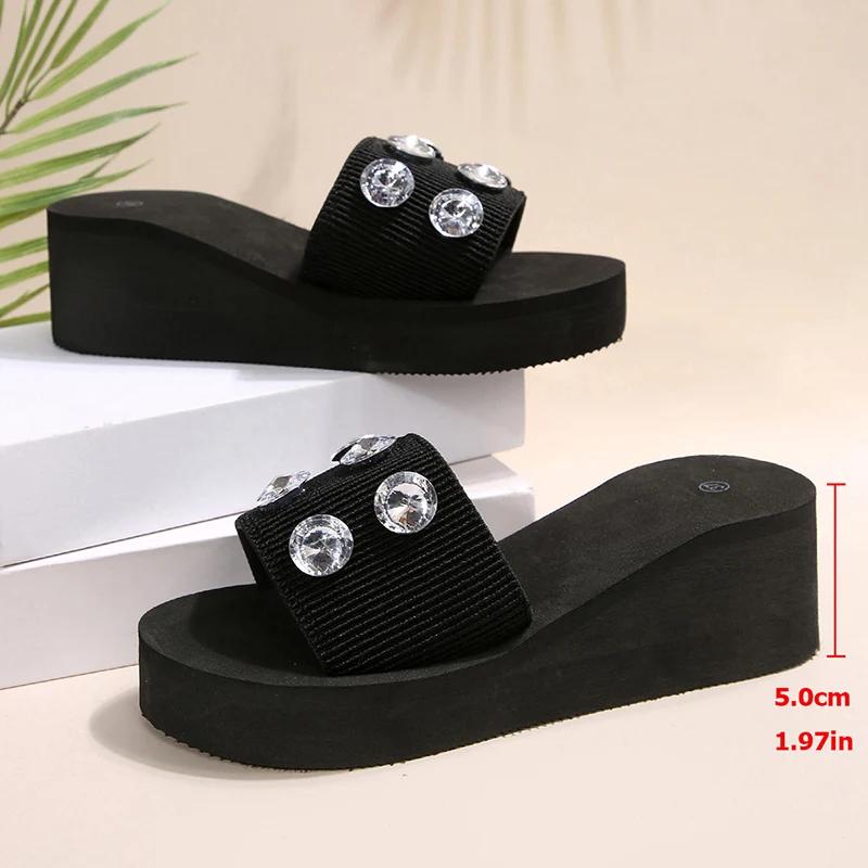 Fashion Fashion Rhinestone Decor Wedge Slippers Women New Weightlight Open Toe Sandals Woman Casual Summer Slip On Platform Slides Mujer
