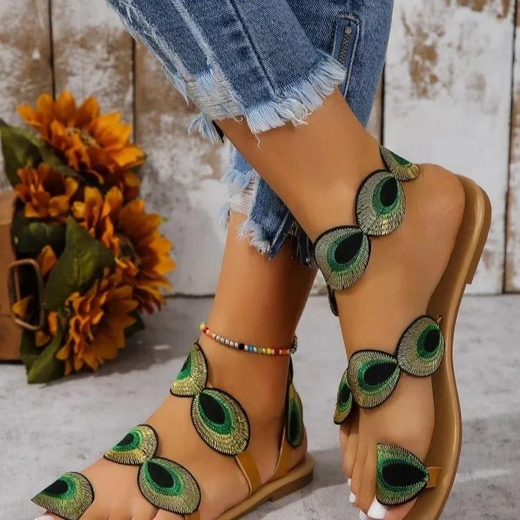 Fashion Yellow Embroidered Faux Flower Fashion Sandals Peacock Flat Plus Size 43 Summer Outdoor Beach Shoes Travel Mom Shoes
