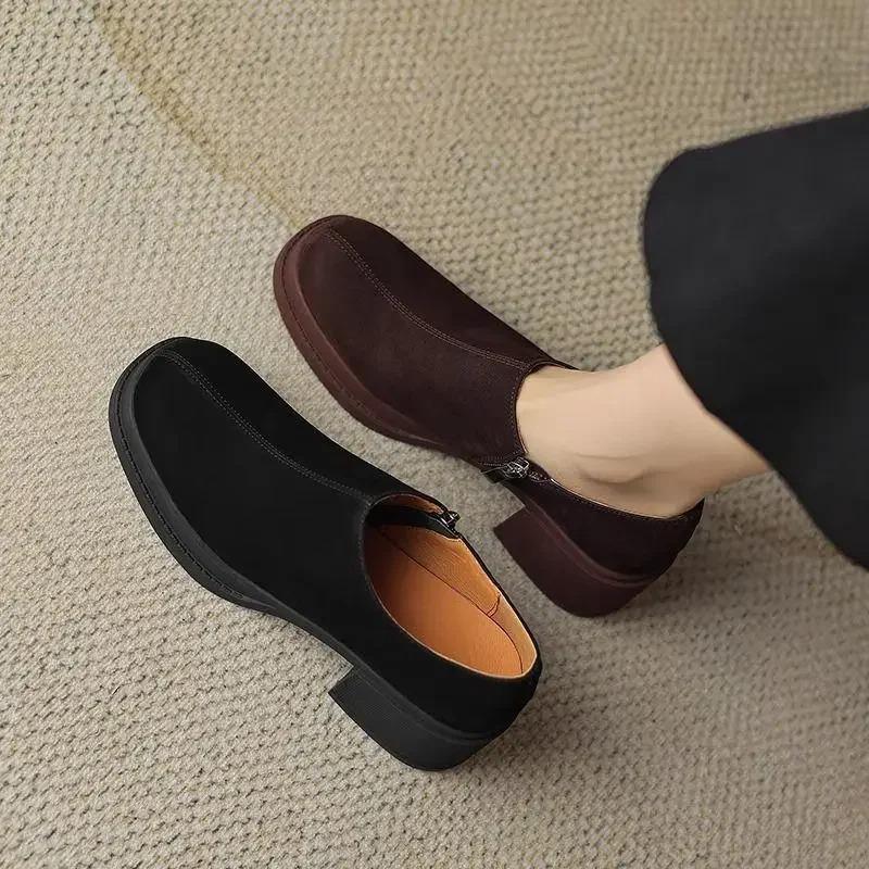 Retro round Toe High Heel Ankle Boots Women's Spring Autumn Frosted Leather Deep Mouth Single Shoes Comfortable Flat Heels