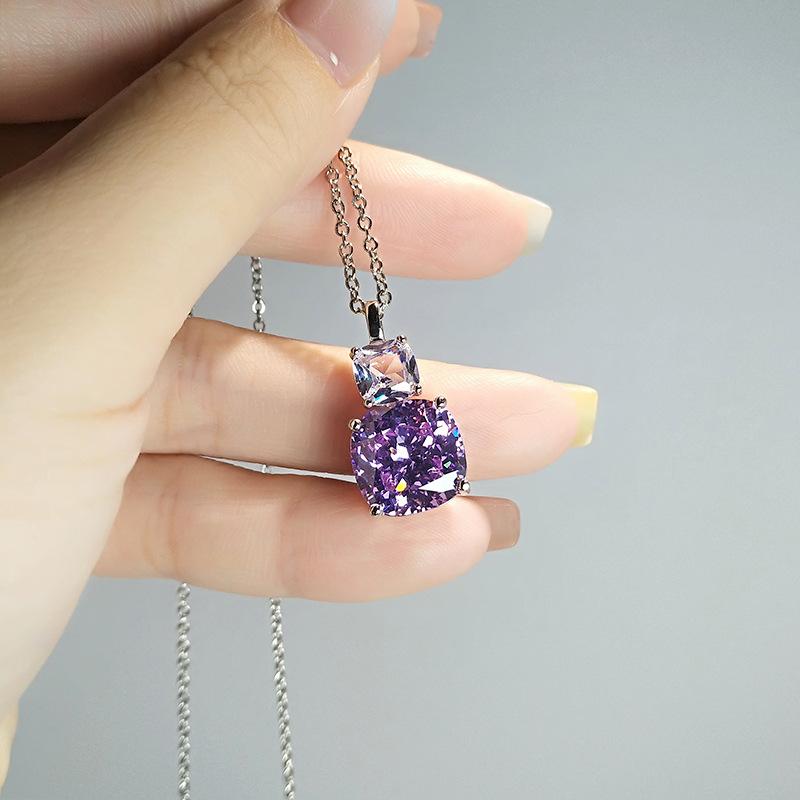 Ice Flower Cut Purple Stone Square Pendant, High-Grade Pink Diamond Quadrilateral High Carbon Diamond Super Flash Necklace, Female