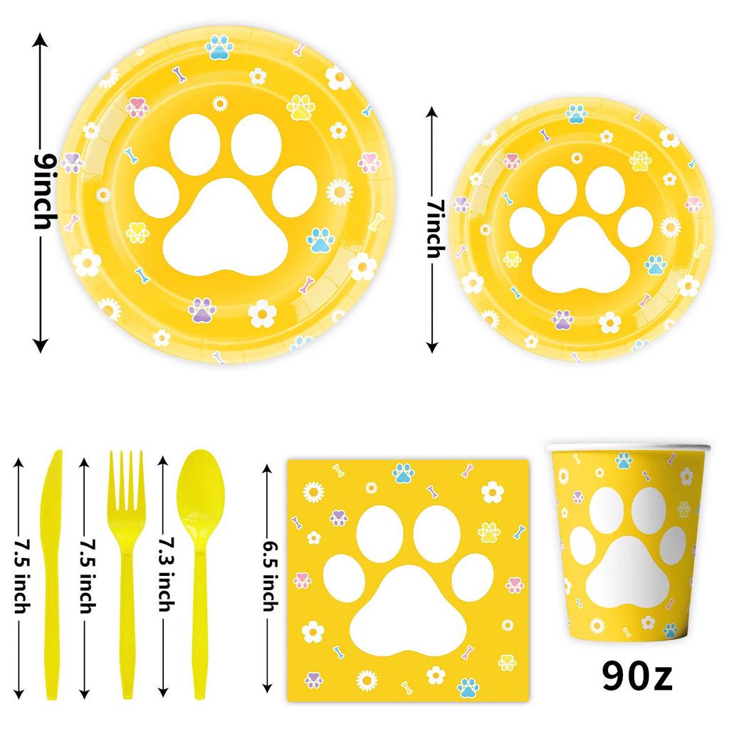 Cute Dog Paw Birthday Party Tableware Set: Cups, Napkins, Tablecloth, and Flags.